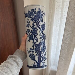 Signed Vintage Japanese Cherry Blossom Vase 11.75" Tall - Blue & White Ceramic